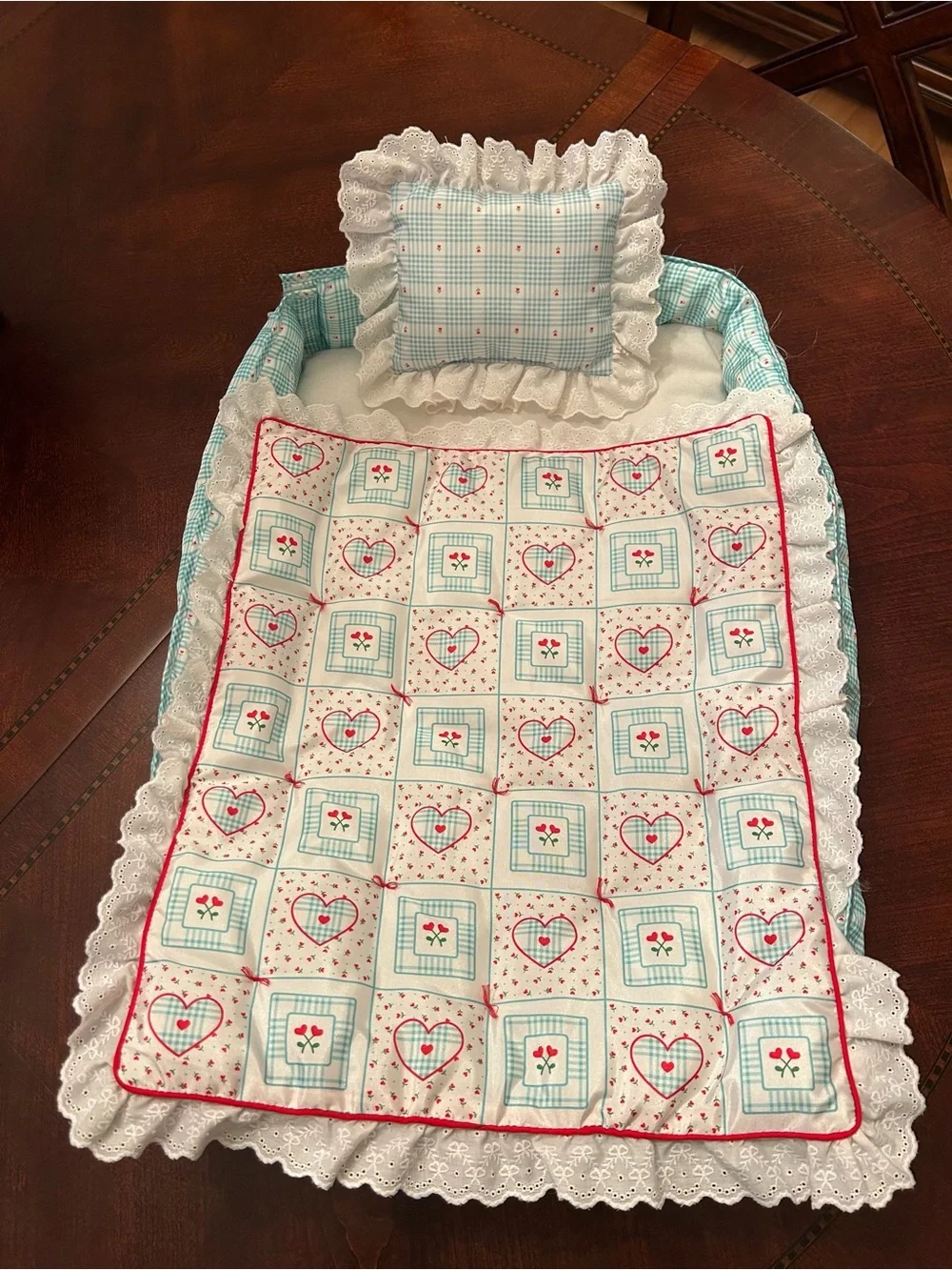 Like New American Girl Bitty Baby Plaid Quilted Bedding Set🩵🌹🩷